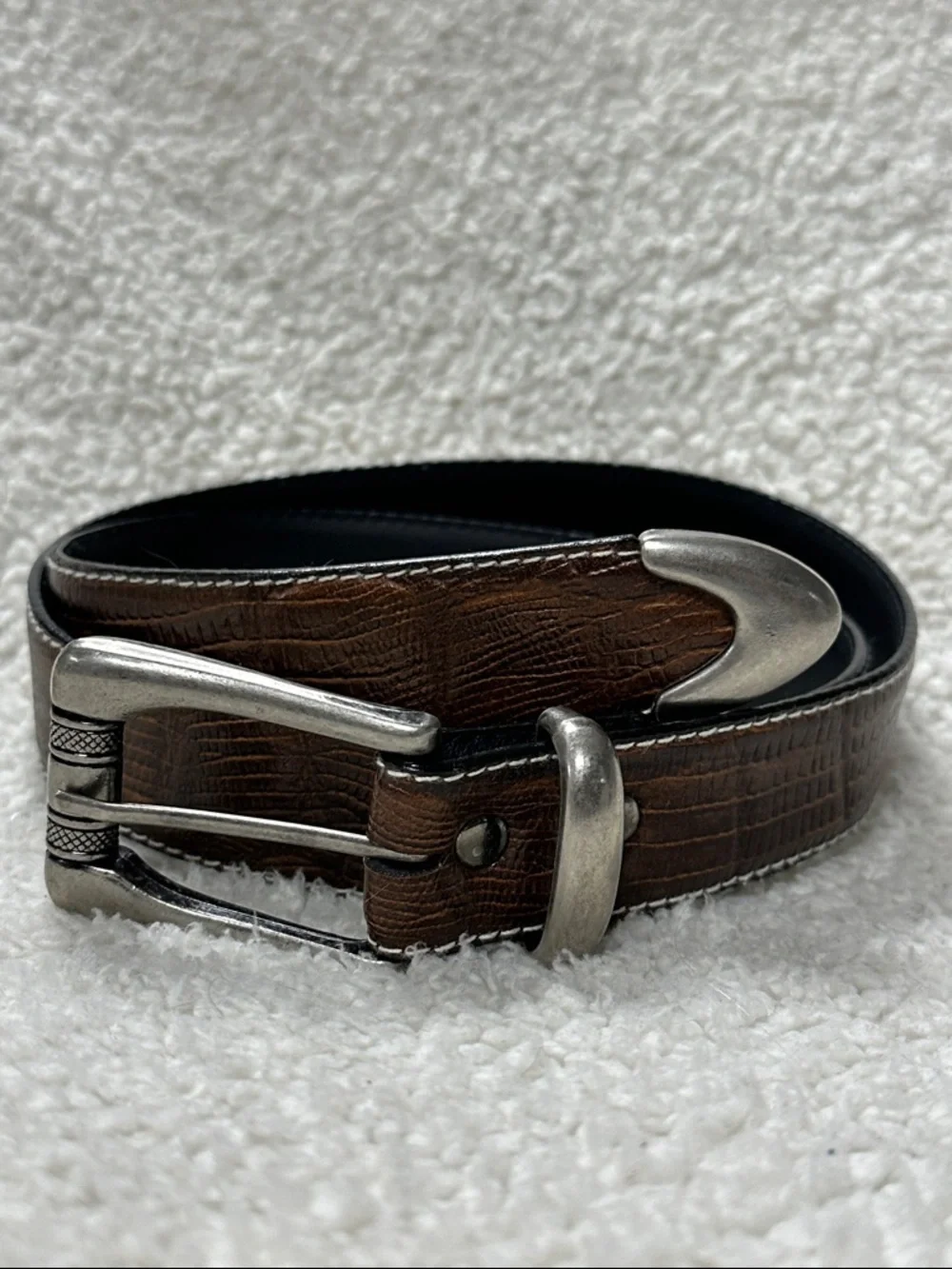 Vegan Leather Western Style Heavy Silver Buckle & Tip, Embossed Brown Belt